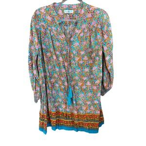 Natural Life XS NWT Tunic Dress Boho Floral Print Turquoise Pink Orange Tassel